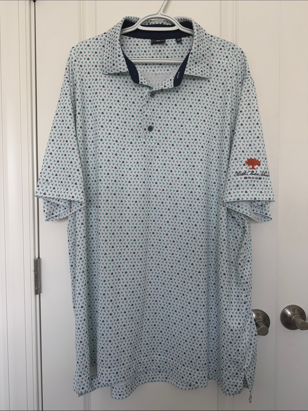 Light Blue Micro-Print Polo with Navy Trim